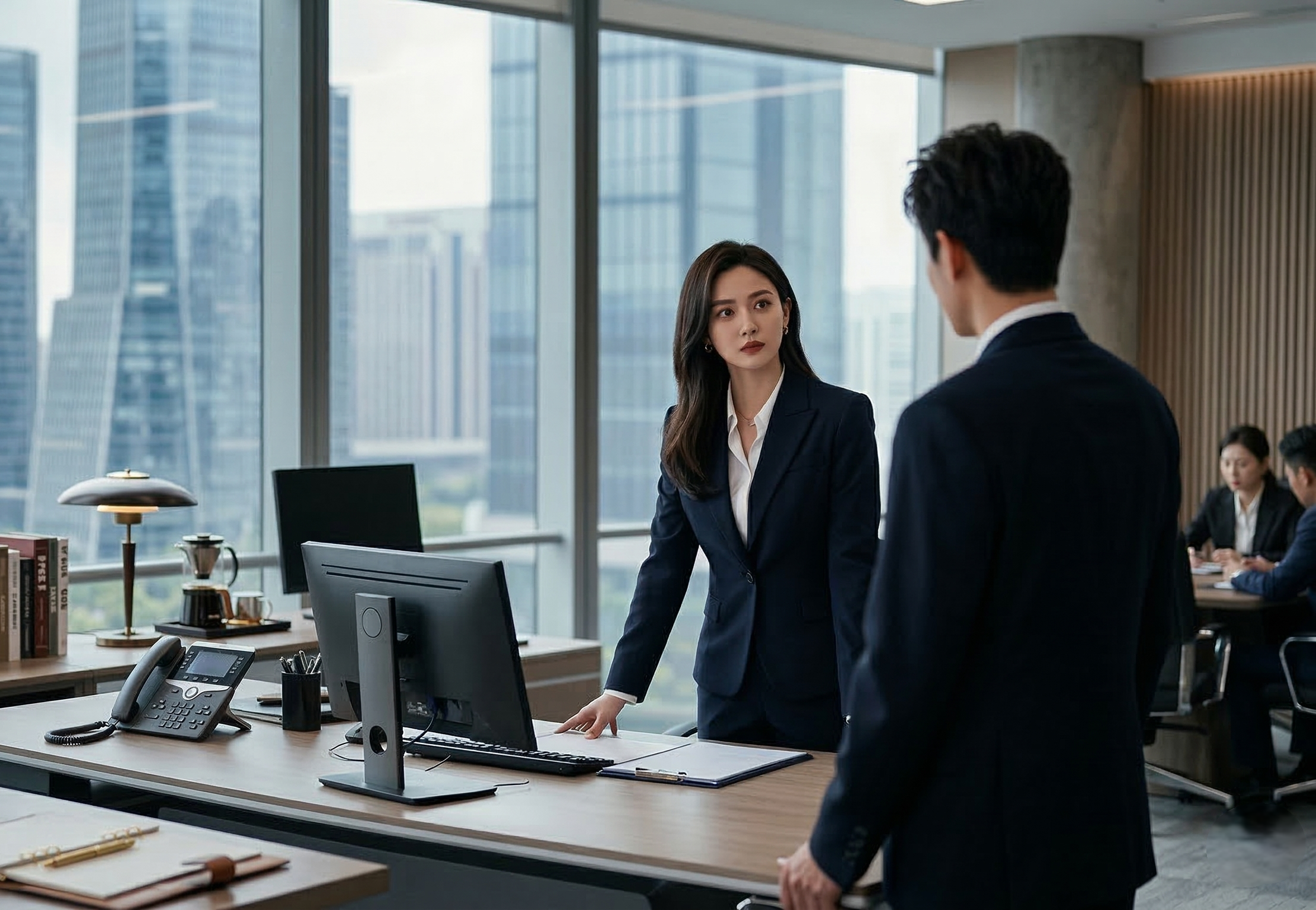 Two characters facing each other in a sunlit office, a visual reference from the earlier Moli website.